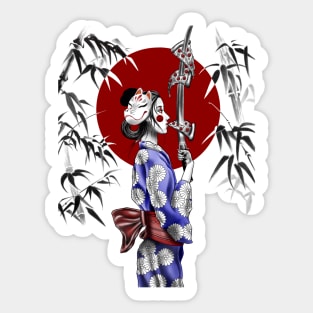 Japanese Geisha Eating NY Pizza with Samurai Sword Sticker